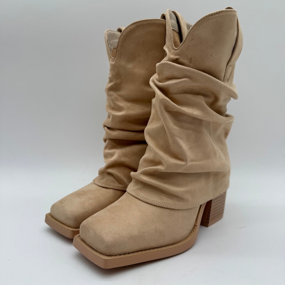 HICLOTSA Tan Faux Suede Slouchy Square Toe Block Heel Mid-Calf Boots Size 6.5